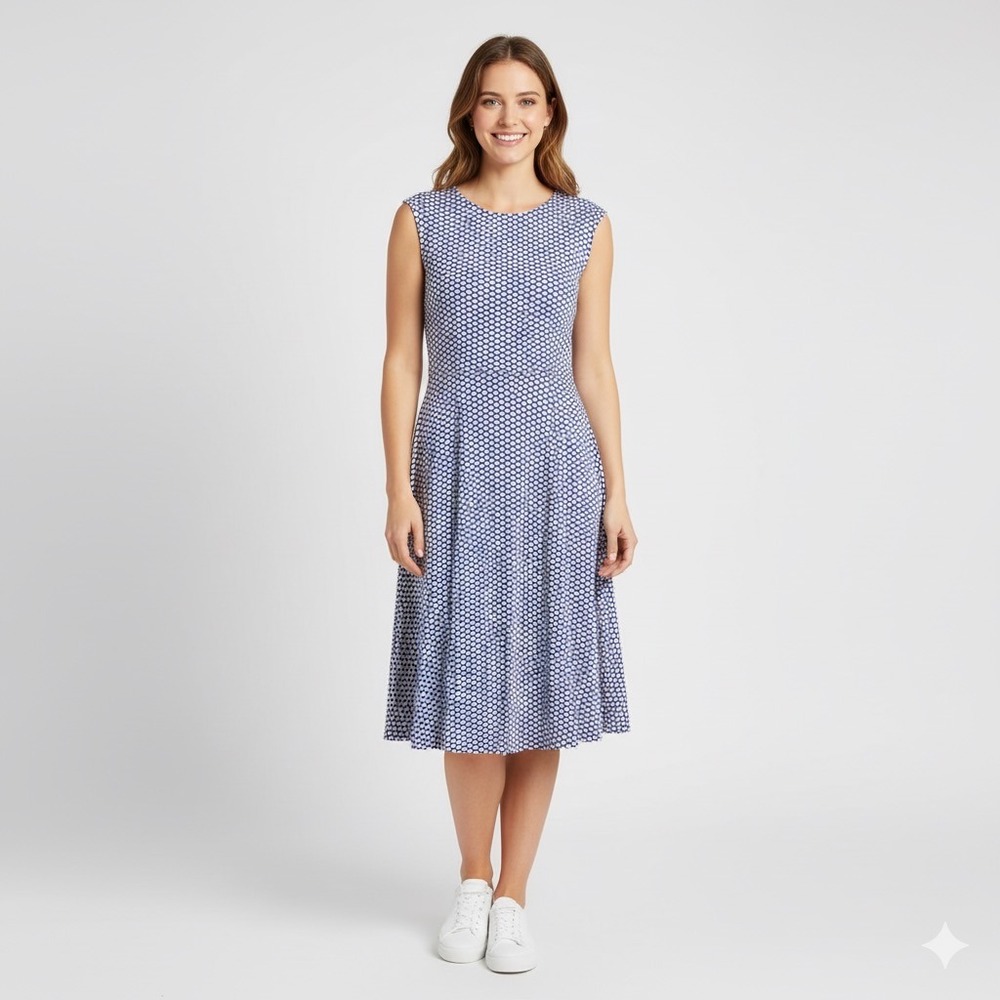 Boden Marina Jersey Knit Dress Women 4 Blue White Tulip Petal‎ Pattern A Line